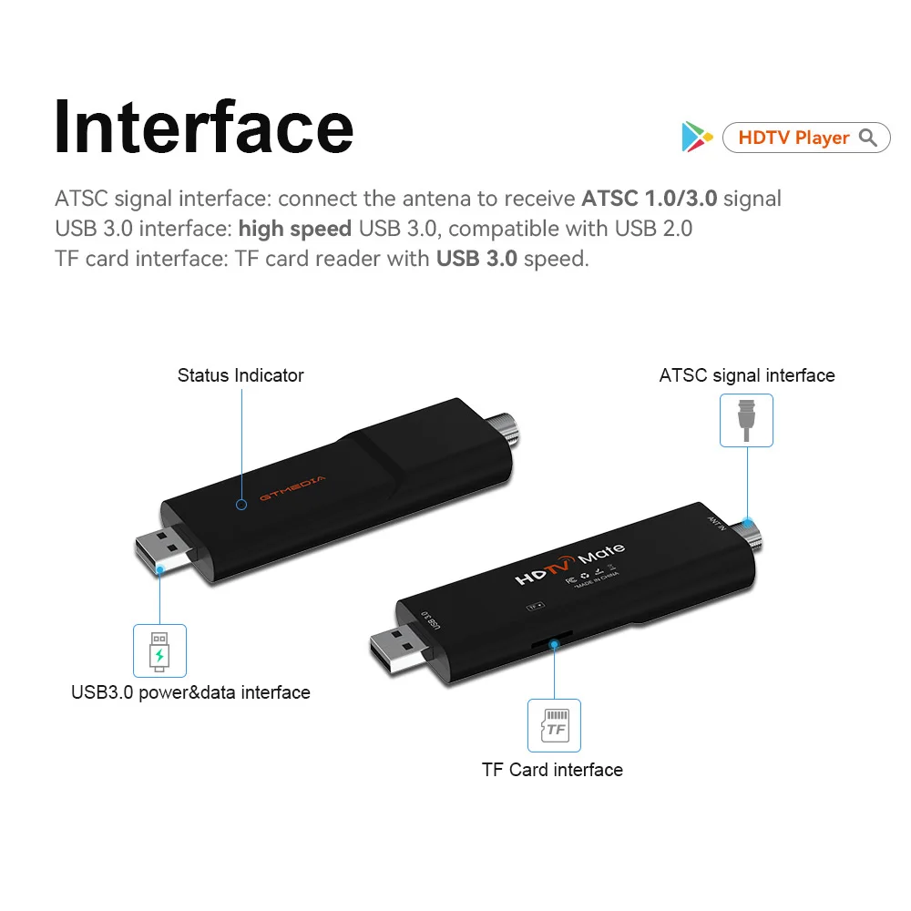 GTMEDIA HDTV Mate USB Tuner TV Stick ATSC3.0 ATSC1.0 Digital Terrestrial Signal QAM-B Works with HDTVPlayer APP on Android 9.0+