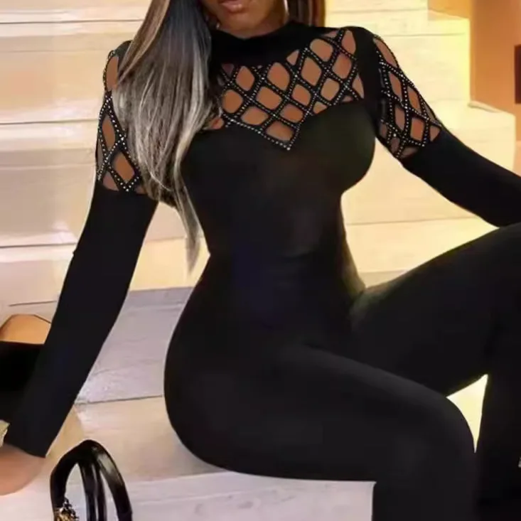 Jumpsuit Women 2025 Spring New Fashion Splicing Sexy Diamond Mesh Hollow High Waist Slimming Micro Flare Casual Long Jumpsuit