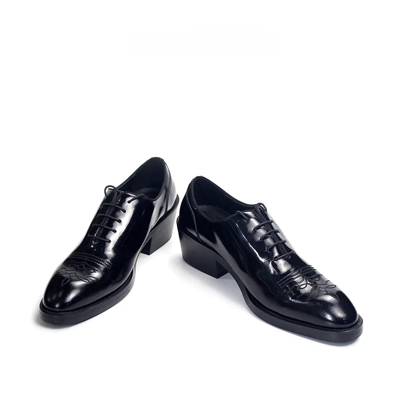 Vintage Mid Heel Oxfords Cowhide Floral Stitch Lace-Up Party Fashion Men Oxford Dress Shoes