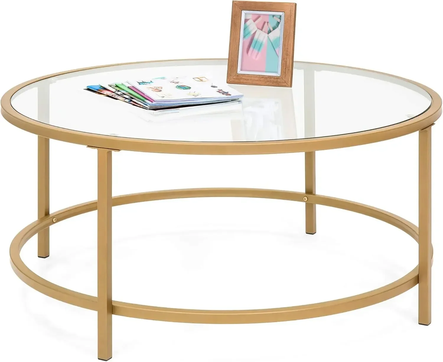 

36in Modern Round Tempered Glass Accent Side Coffee Table for Living Room,Dining Room, Tea, Home Décor w/Satin Trim, Metal Frame