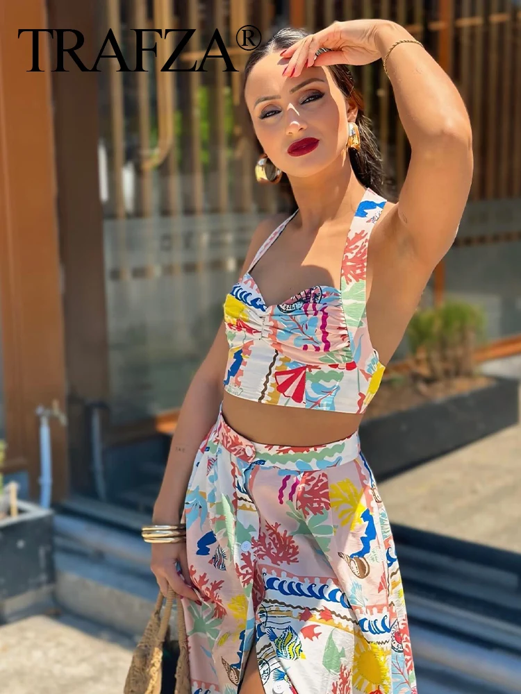 Trafza Sexy Mouwloze Rugloze Print Knopen Mini Sling Top + Hoge Taille Knopen Strand Midi Rok Traf Mode Vrouwen 2 Delige Set