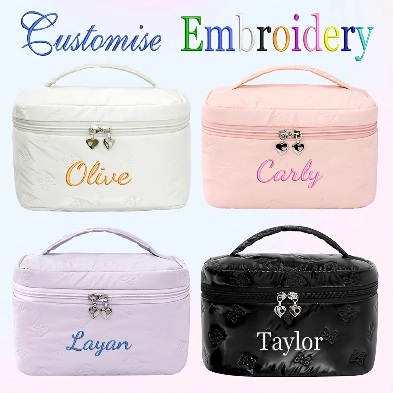 Personalized Embroidery Custom Name/Initials & Date Bag - Lightweight Zippered Makeup & Toiletry Pouch with Embroidered Threads