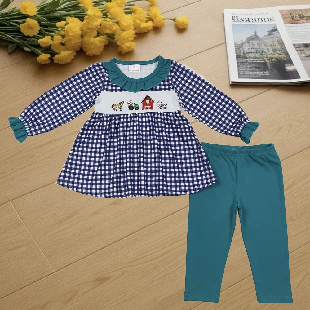 

9.25 Kids Winter Clothes For Girls Baby Girls Green Gingham Farm Tunic Top Legging Clothes Sets
