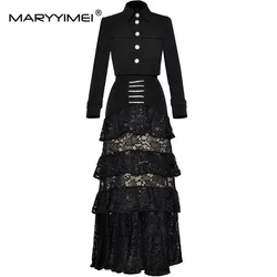 MARYYIMEI Women's Fashionable Suit Turn-Down Collar Single-Breasted  Short Coat Tops+Lace Hollow Out Beading Skirt 2 piece set