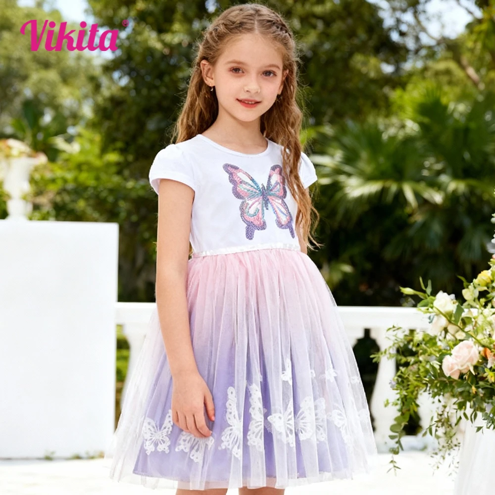 VIKITA Weißes Kurzarmkleid für Mädchen, bunt, mit Pailletten, Schmetterlingen, Applikationen, Farbverlauf, Tüll, modisches, elegantes Prinzessinnenkleid