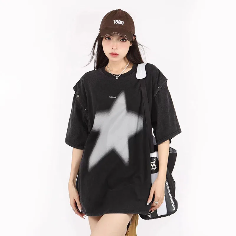 Black Hip Hop Splicing T Shirts Women Y2K Korean Streetwear Star Print Short Sleeve Tees Bf Gothic Loose Removable Sleeve Tops