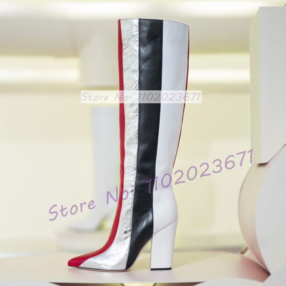 

Сапоги женские до колена, пикантные блестящие сапоги в разноцветную Вертикальную Полоску, на высоком блочном каблуке, с острым носком, модная Осенняя обувь