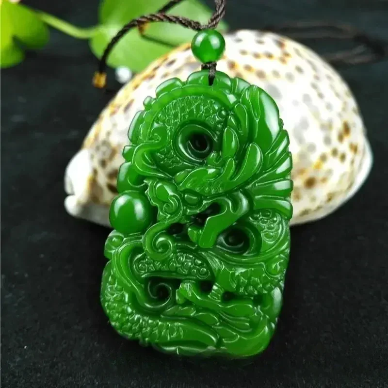 

Natural Green Hetian Jade Stone Dragon Pendant Necklace Carved Chinese Jadeite Jewelry Charm Reiki Amulet Gifts for Women Men