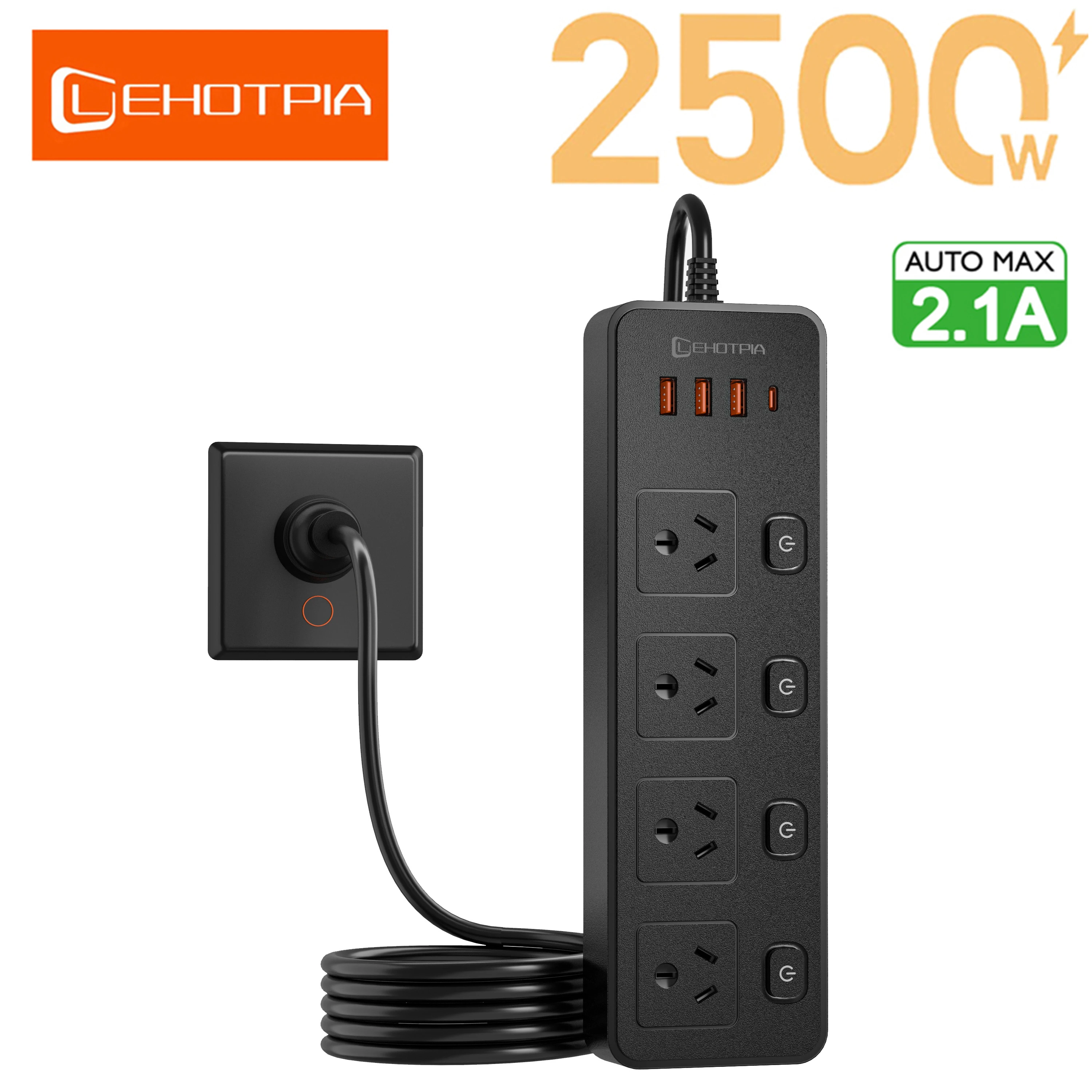 Australia AU Plug Socket Switch Network Filter 1.8m Extension Cord Multitap Independent AC Power Strip With USB C Charging Ports