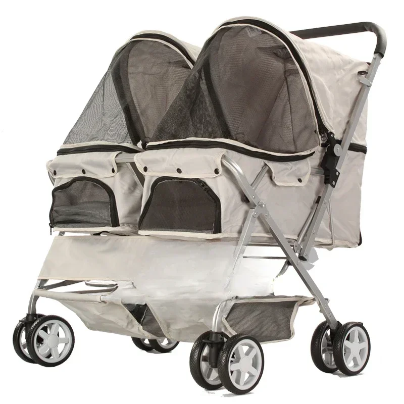 New portable double-layer pet stroller with detachable and lightweight 4-wheel cat and dog stroller carrier