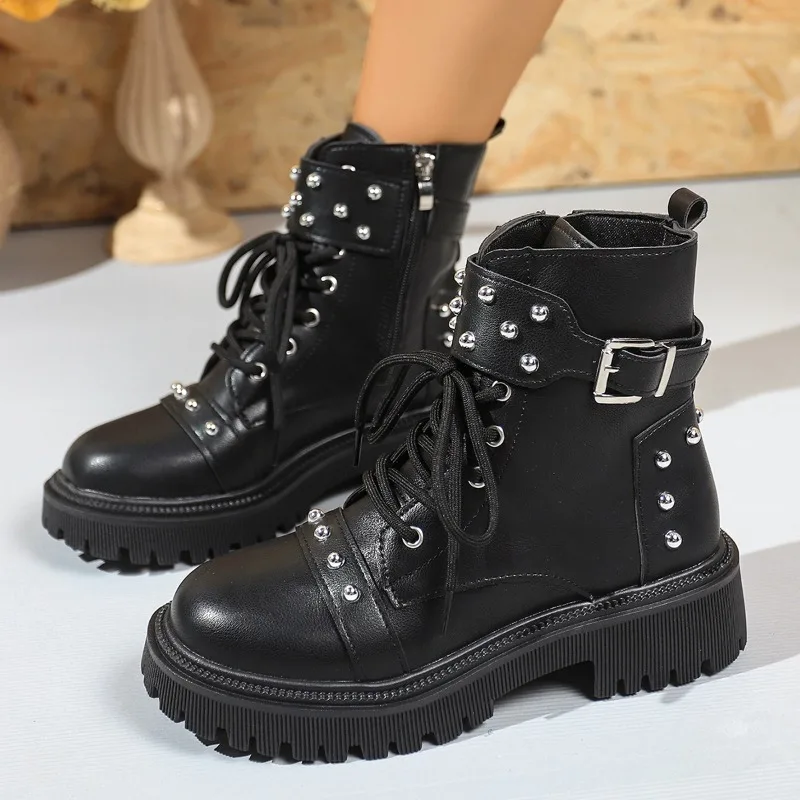 Studded Block Heel Booties Fashion Round Toe Lace-up Platform Non-Slip Wear-Resistant Women's Shoes