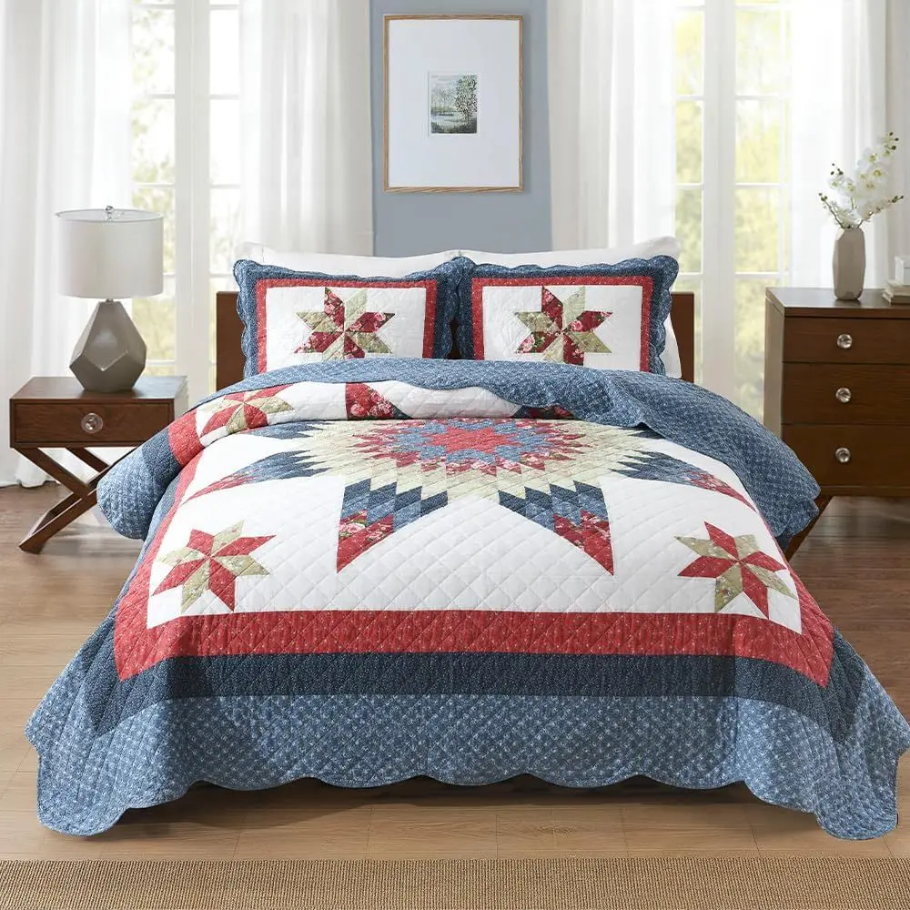 

Luxury Star Patchwork Cotton Quilt Set, Reversible Coverlet, Handmade, Red & Blue, Queen