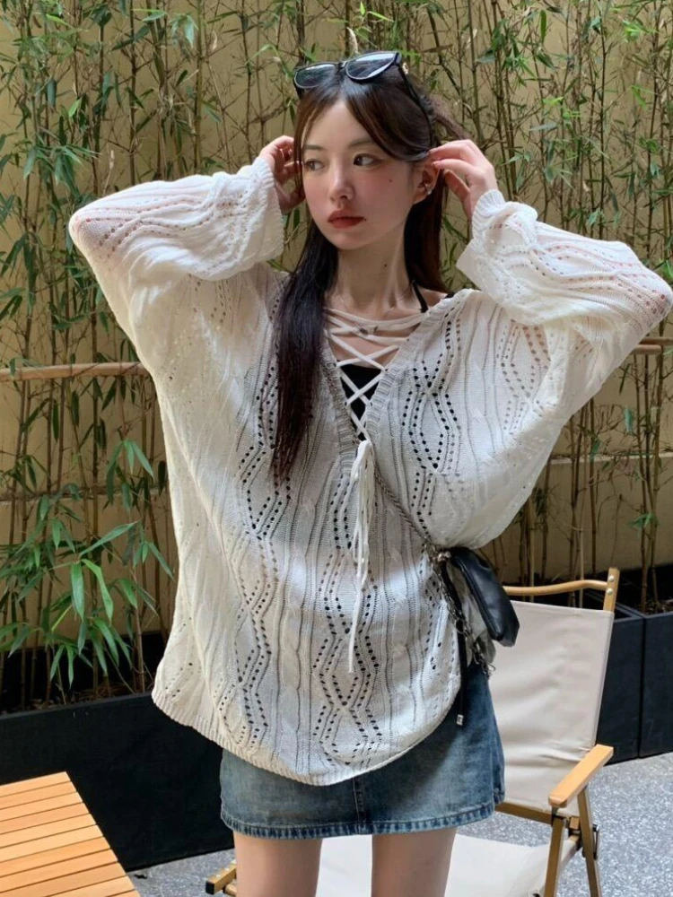 Hollow Out Loose Pullovers Women Sun-proof Summer Sweet Style Stylish Fashion Knitting Solid Aesthetic Soft Casual Thin Sweaters