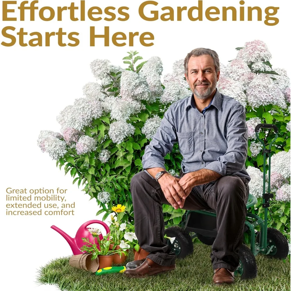 مقعد حديقة دوار بمقبض قابل للتمديد ودوران - مقعد بستنة خارجي محمول على عجلات - أخضر