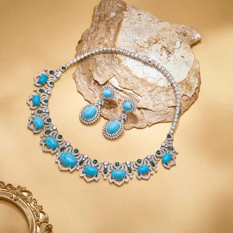

Pure 925 Sterling Silver Jewelry For Women Turquoise Stone Wedding Jewelry Set High Quality Earrings Necklace Party Fine Jewelry