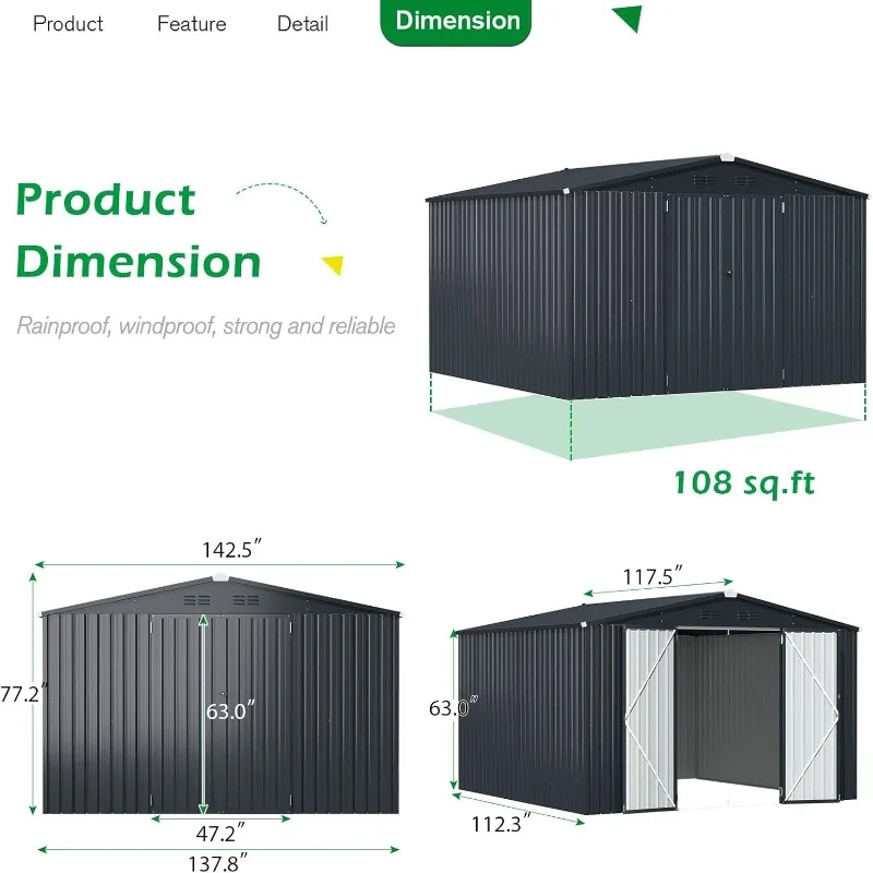 AECOJOY Shed 12' x 10' Storage Shed Large, Sheds & Outdoor Storage Clearance 10x12 Sheds for Garden,Outside use in Dark Grey