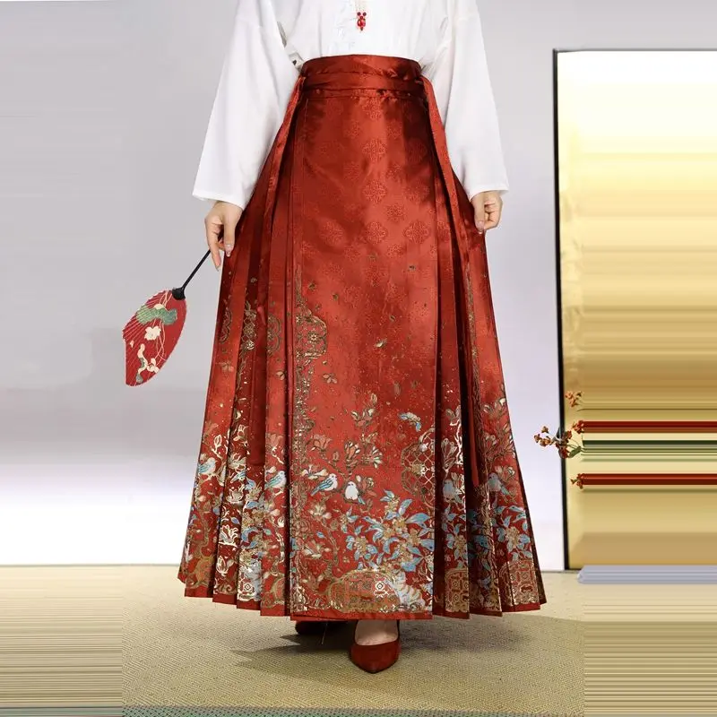 Traje tradicional chinesa feminina, saia hanfu, cara de cavalo dourado tecelagem, vestido diário, roupa de festa de dança rosa, dinastia Ming