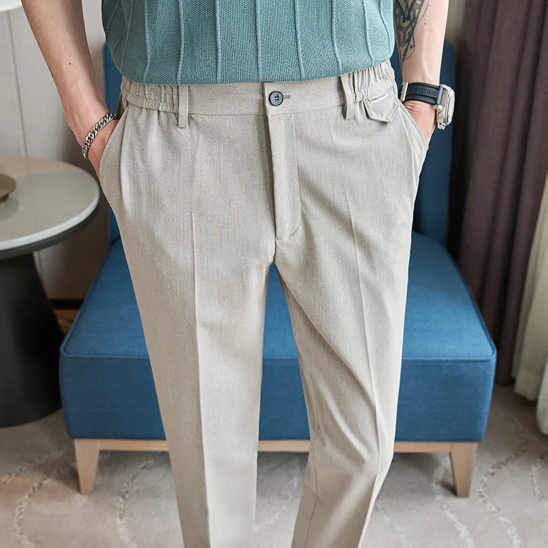 Men's Spring and Summer Trousers, Elastic Waist Band, Embroidered Three-Color Casual Pants, Daily Ankle Pants