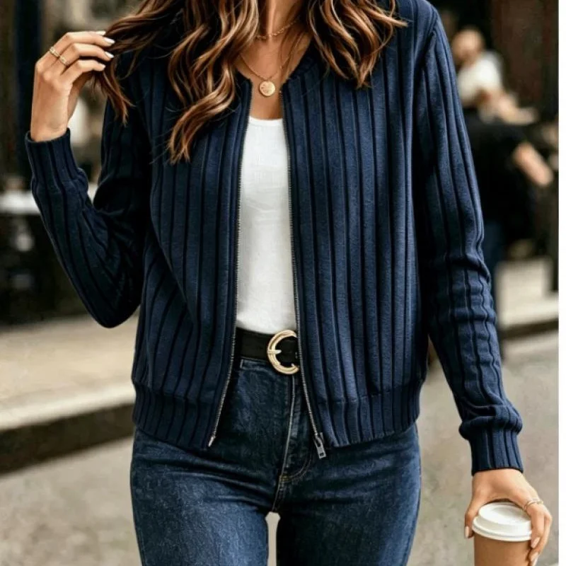 2026 European and American Cross-border AliExpress Fall/Winter Solid Color Rib Zipper Long Sleeve Jacket