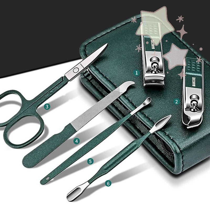 6 個ポータブル高級マニキュアセットペディキュアキット黒爪切り眉毛はさみ