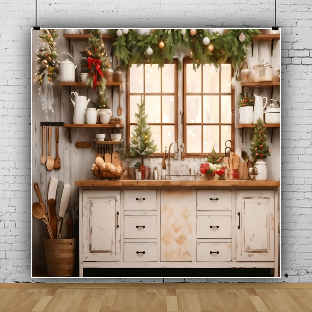 Laeacco Christmas Retro Kitchen Cabinet Background White Wood Pine Needle Cook Indoor Family Party Portrait Photography Backdrop