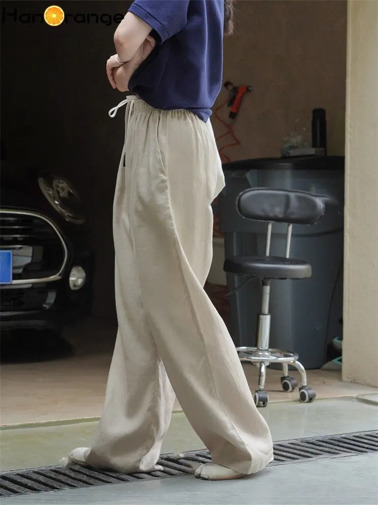 HanOrange 2024 Summer Lazy Simple Ramie Wide Leg Pants Women Loose Cool Trousers Elastic Waist Female White/Linen Color