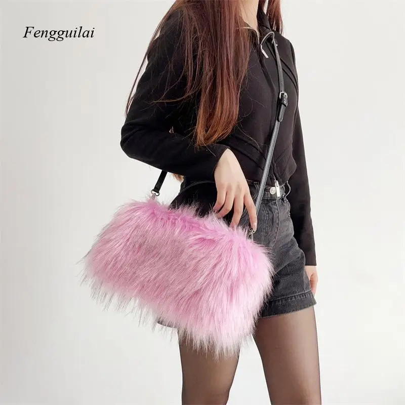

Cute Pink Faux Fur Shoulder Bag for Women | Fluffy Plush Crossbody Bag Y2K Style Winter Handbag