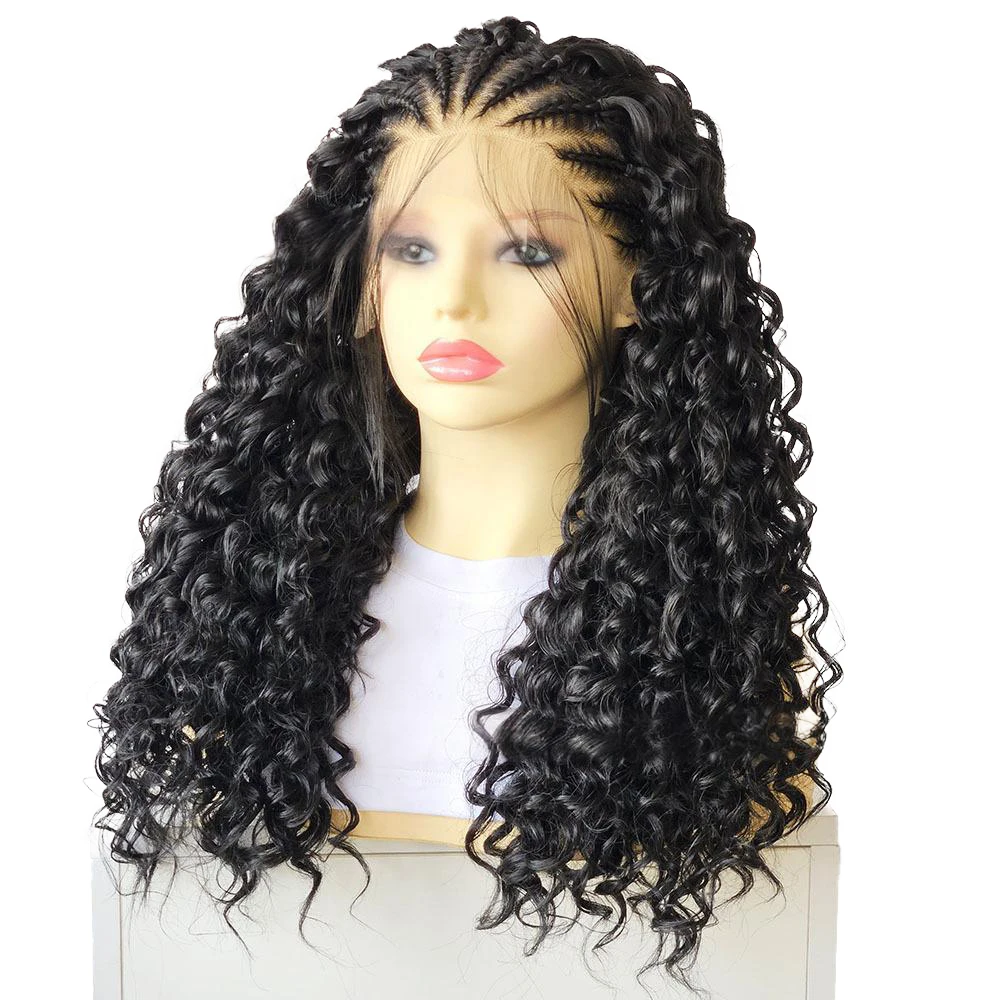 26-inch zwart gevlochten krullend haar 13x4 voorkant handgehaakt synthetisch haar, geschikt voor dames dagelijks feest Halloween vlecht pruik