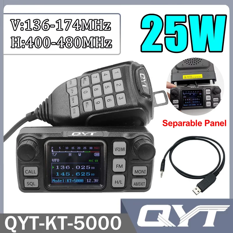 QYT KT-5000 25W Dual Band VHF UHF Mini Mobile Radio Separable Panel Receiver Scrambler Car Vehicle FM Commercial Station Radio