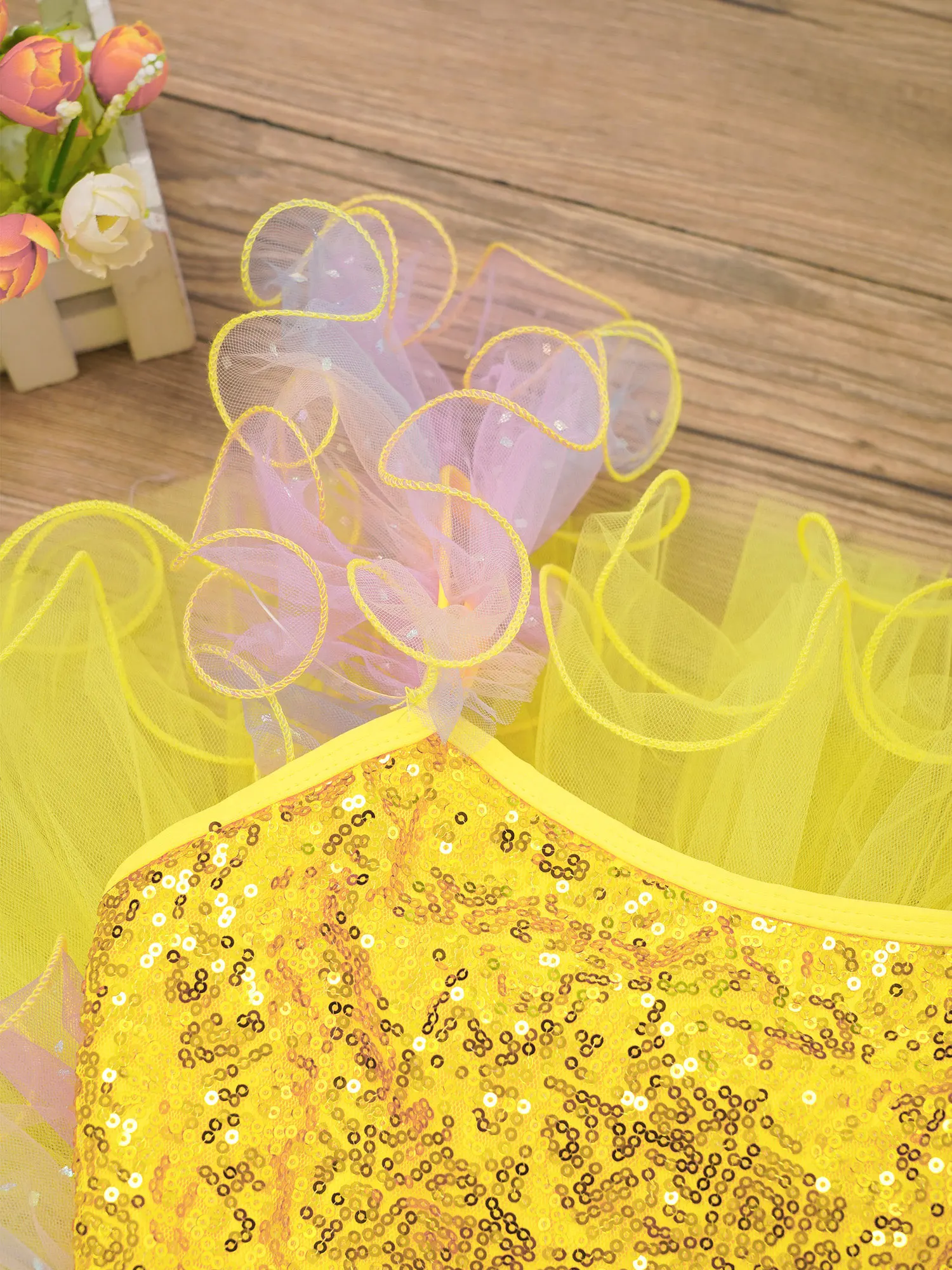 Robe de danse de Ballet pour enfants filles, manches à volants, corsage à paillettes, robe en Tulle superposée, justaucorps de gymnastique, vêtements de danse de spectacle de ballerine