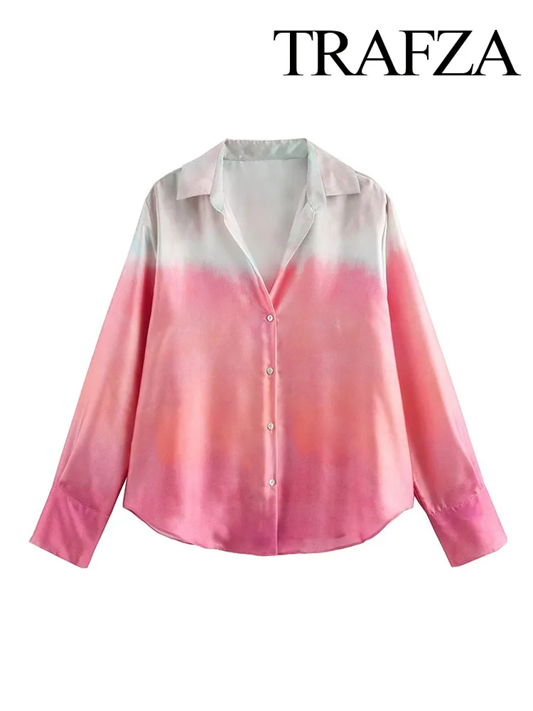 

TRAFZA Women Summer Fashion Blouse Tie Dye Turn-Down Collar Long Sleeves Single Breasted Female Gradient Casual Shirts 2 Color