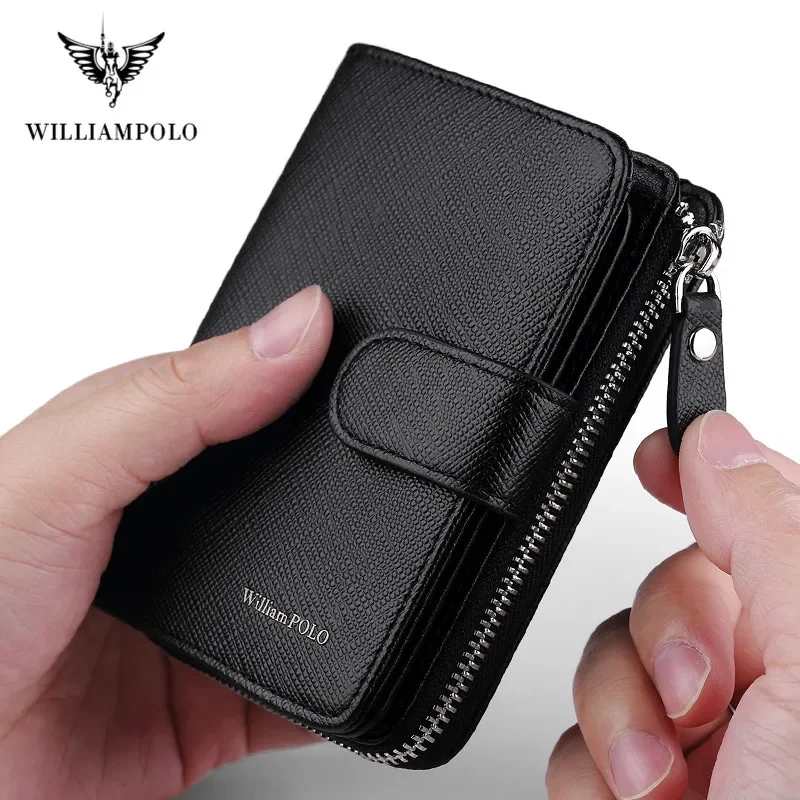 WILLIAMPOLO Genuine Leather Wallet Men Short Wallet with Coin Pocket Card Holder RFID Blocking Hasp Male Purse