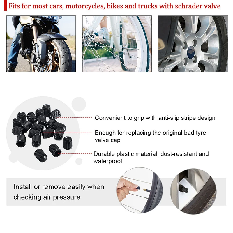 100pcs Universal Tyre Valve Dust Caps Valve Stem Covers Plastic Tire Caps with O Rubber Ring For Car Moto Bicycle Accessories