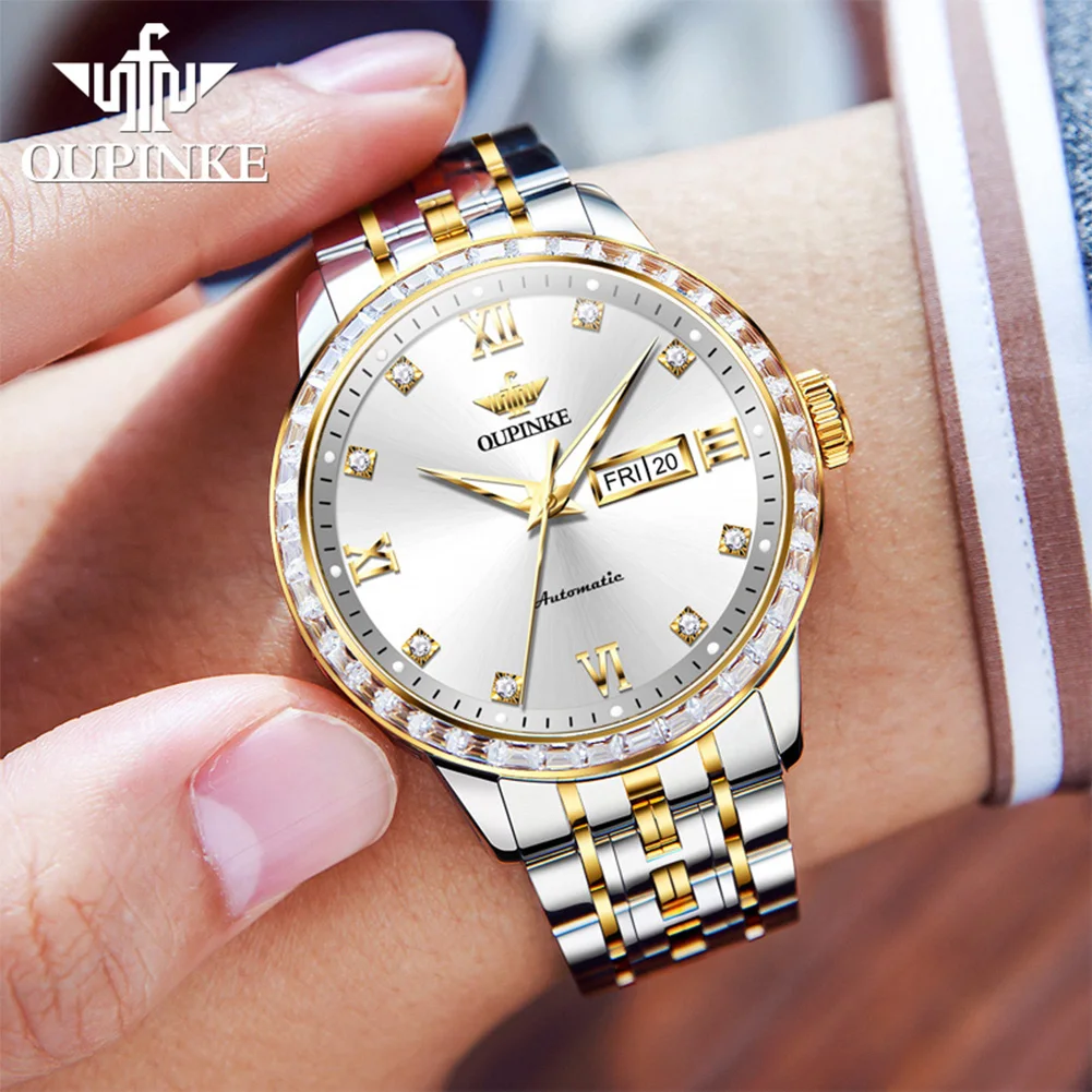 ساعات رجالية OUPINKE 3258 موضة الأعمال الأصلية ساعة ميكانيكية أوتوماتيكية للرجل الياقوت مرآة الماس الحافة تاريخ الأسبوع