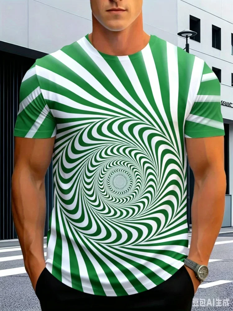 Men's abstract 3D vortex pattern T-shirt for daily casual wear, summer street style round neck short sleeved T-shirt
