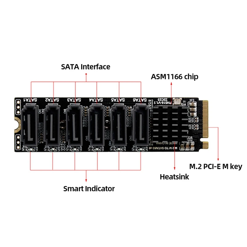 3X M.2 NVME PCI-E PCIE X4 X8 X16 To 6 Port 3.0 SATA Adapter Card Riser ASM1166 Chassis Server PC Computer Expansion Card