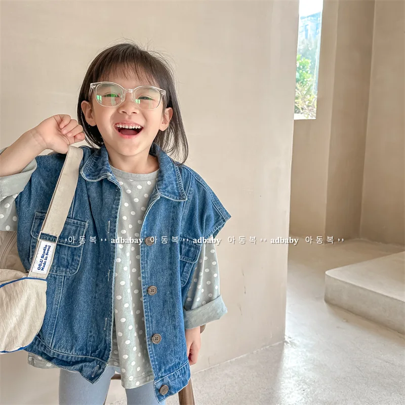 2024 New Spring Girls Denim Vest Fashion Children Sleeveless Coat Solid Baby Boys Denim Jacket Cardigan Kids Clothes