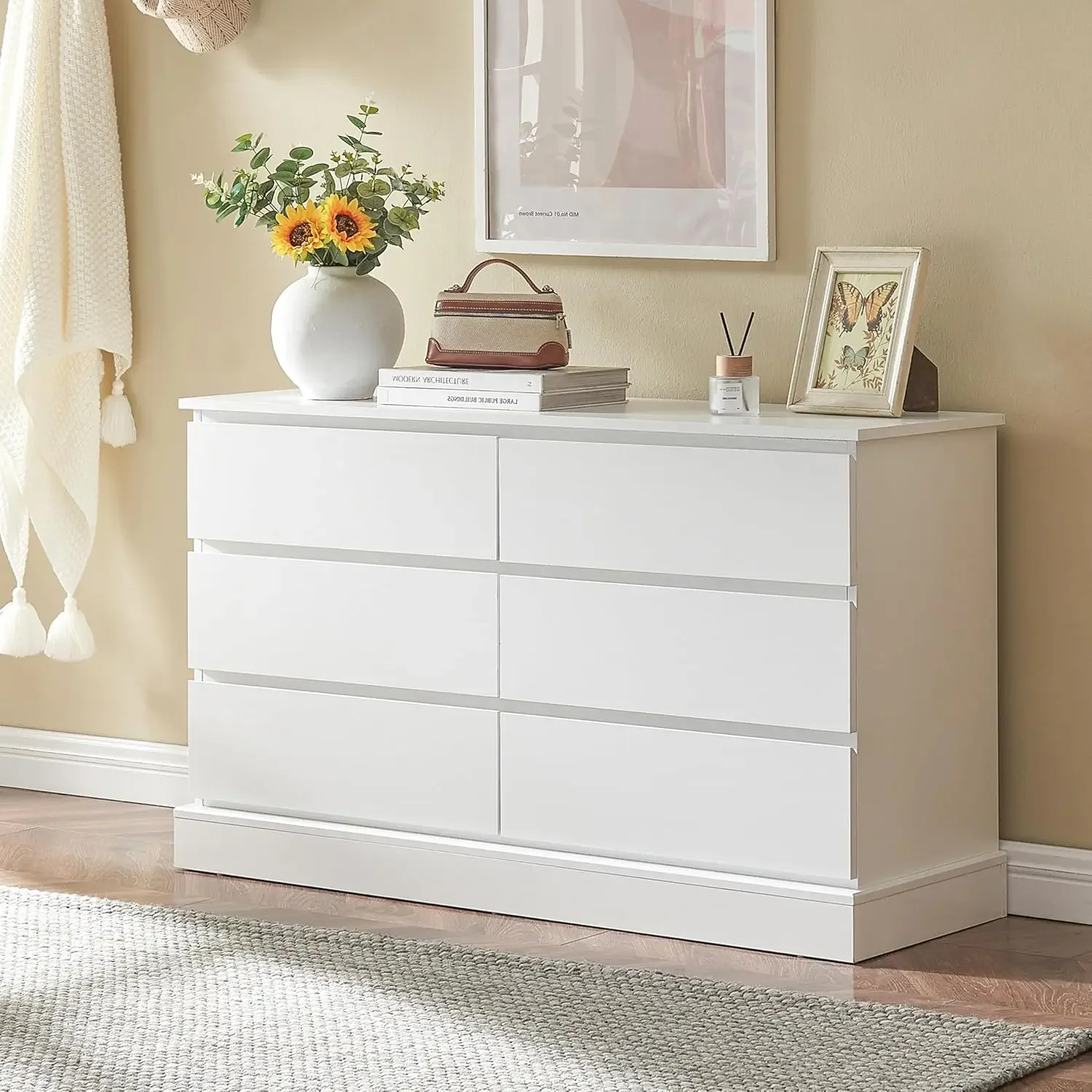 Cómoda para dormitorio, cómoda para guardería con 6 cajones, organizador de tocador moderno, vestidores anchos, cómoda de madera, almacenamiento