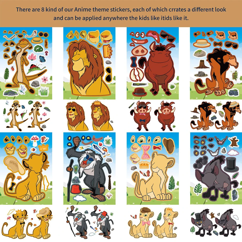 8/16Sheets Make-a-Face Disney The Lion King Children Puzzle Stickers Game Jigsaw For Boys Girls Finny Children Educational Toys