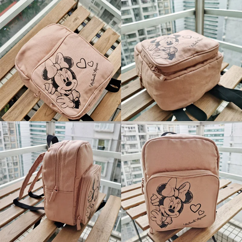 Disney Vintage Dark Pink Girl Canvas Backpack Sketch Minnie Mouse Cartoon Print Kids Backpack Brand Mini Baby Square Schoolbag