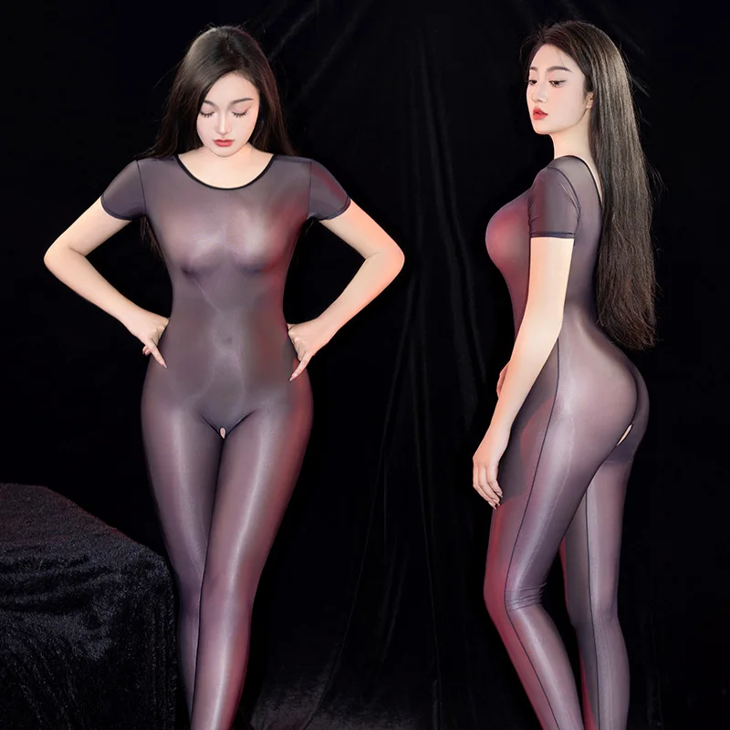 Sexy Oil Shiny Bodysuit Women Short Sleeves Open Crotch Jumpsuit Tights Sheer See Through Bodycon Leotard Adult Sex Porn Clothes