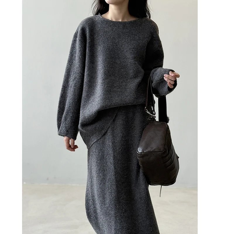

Autumn Women Back Buttons Knitted Skirt Suit New Fashion Casual Loose Sweater Long Skirts Elegant 2 Piece Set Winter Outifits