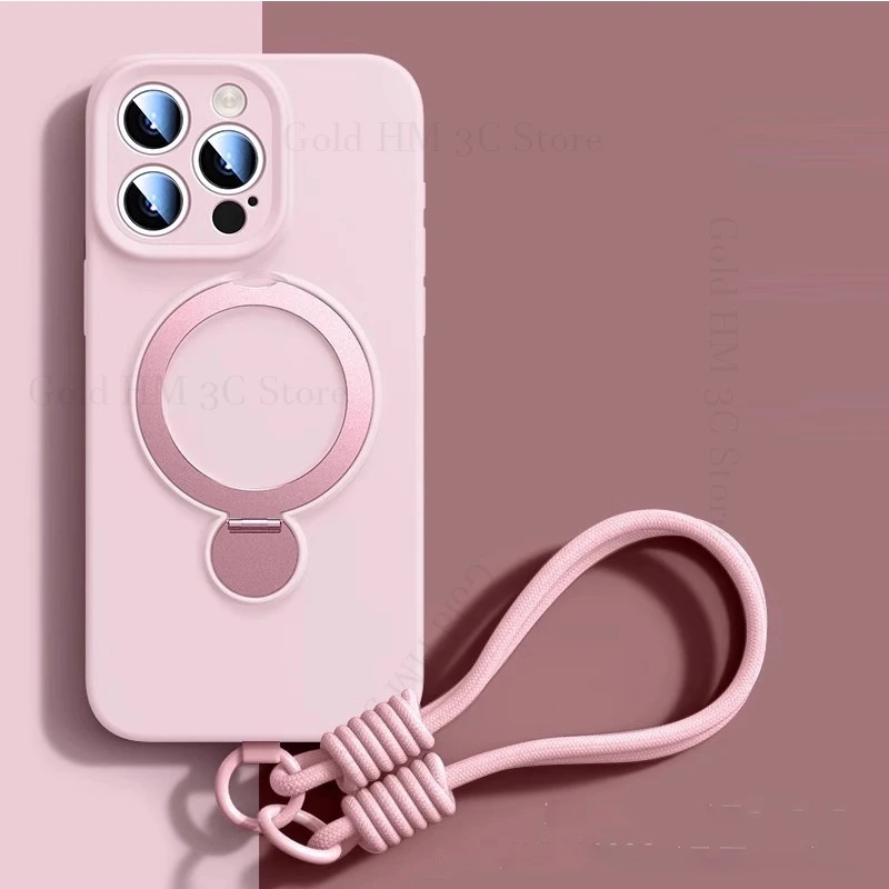 

For Magsafe Phone Liquid Silicone Case For Apple iPhone 16 Plus 13 14 15 16 Pro Max Magnetic Ring Holder Stand Strap Soft Cover