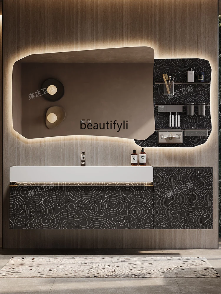 

Light luxury walnut bathroom cabinet mirror cabinet combination rock slab hot bending integrated washbasin
