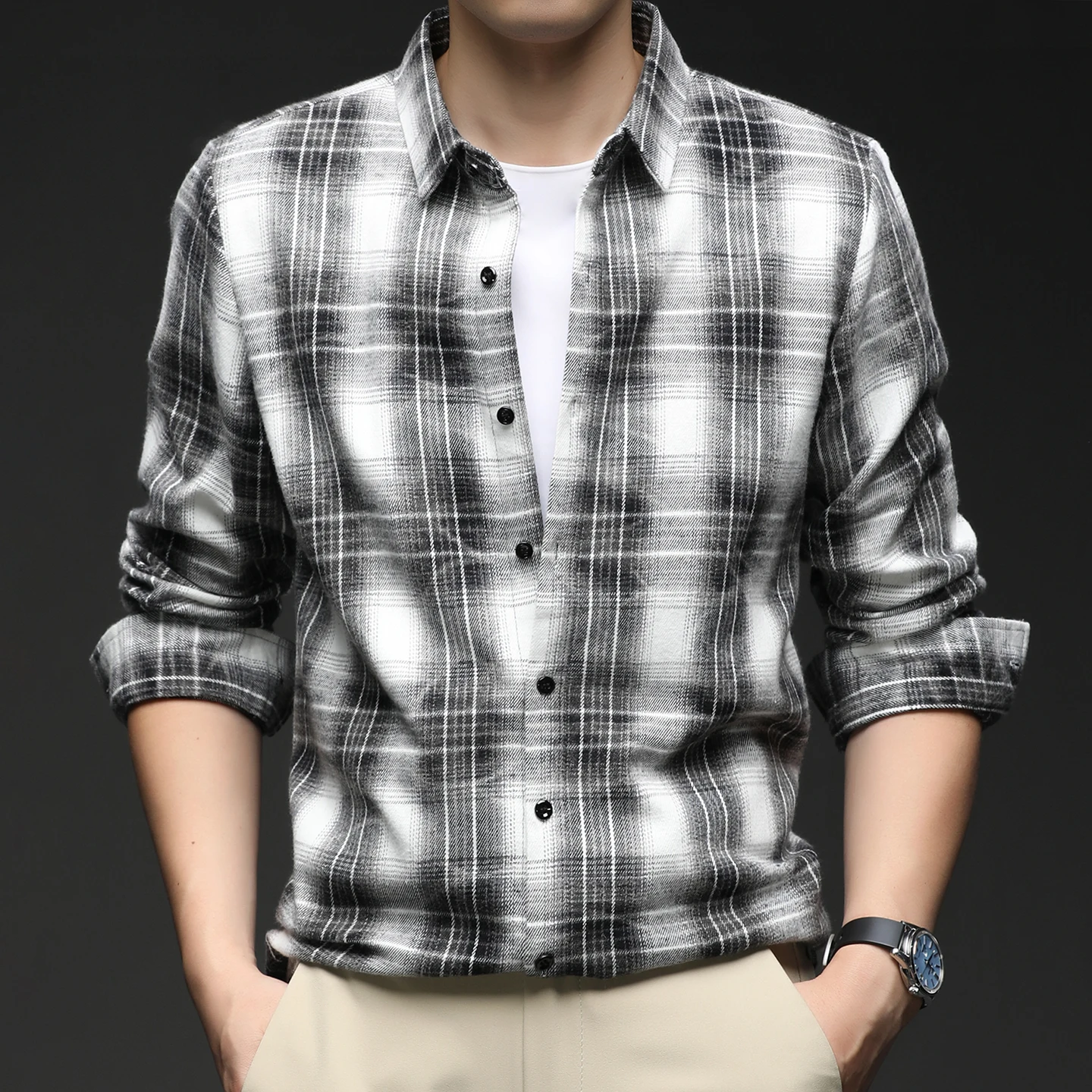 

Винтажная клетчатая рубашка с длинным рукавом для мужчин: высококачественная повседневная деловая рубашка, универсальная для социальных мероприятий и уличного стиля, мужская одежда