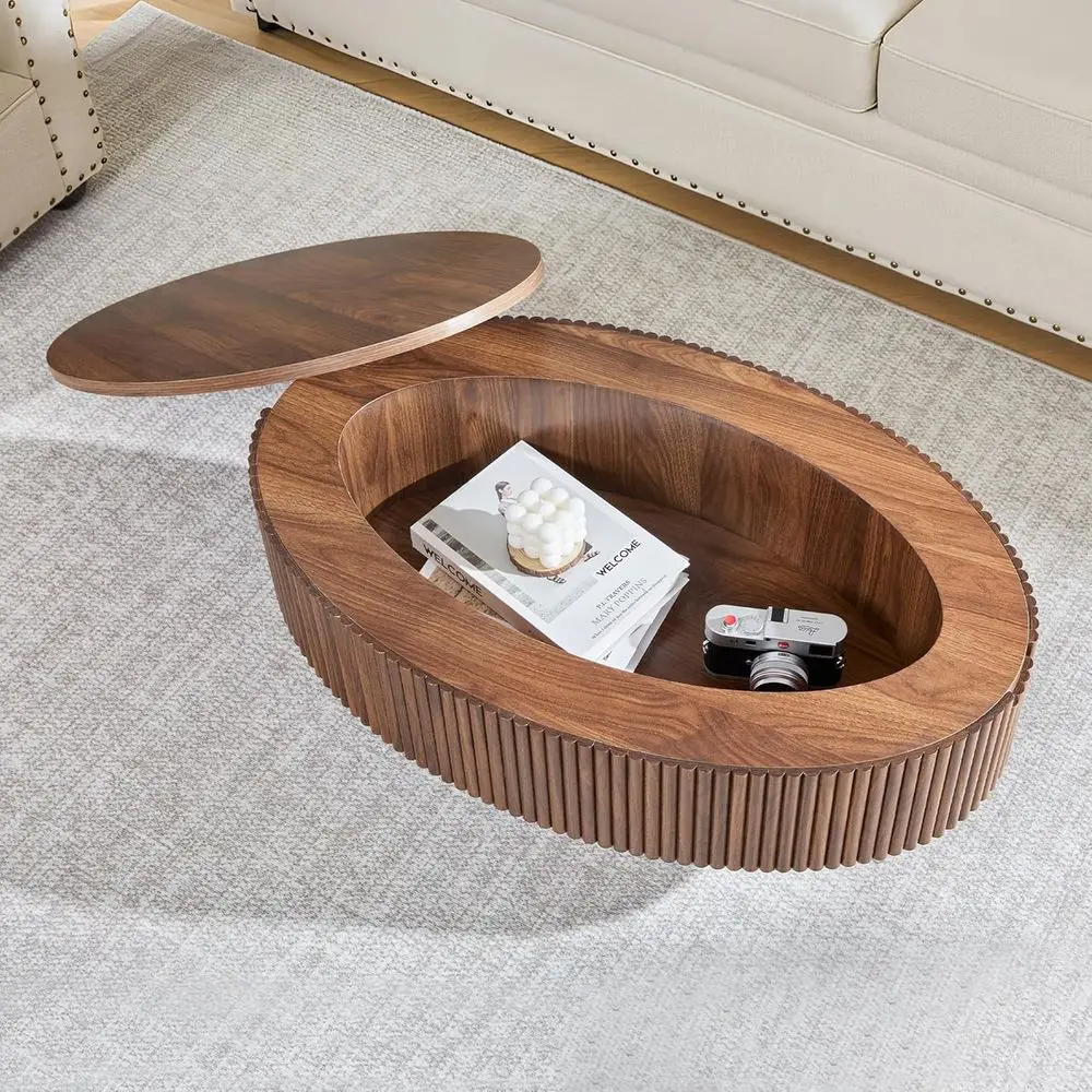 Walnut Oval Coffee Table with Concealed Storage, 31.5 Wide, Veneered Accent Table for Small Living Spaces
