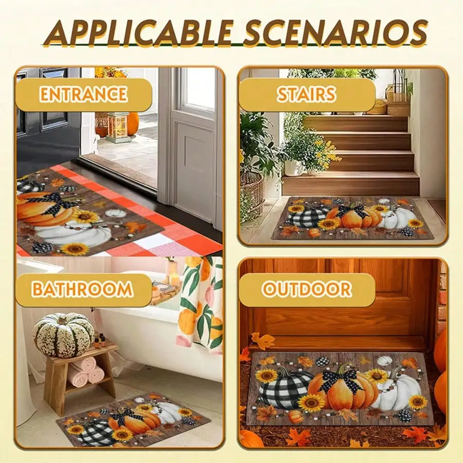 1 Piece Rectangular Welcome Mat, Autumn Pumpkin And Flower Printed Pattern, Nonslip And Dirtproof Washable Mat, Flannel Material Is Soft, Comfortable And Easy To Clean, Suitable For Entrance Bathroom Kitchen RV Outdoor Decoration
