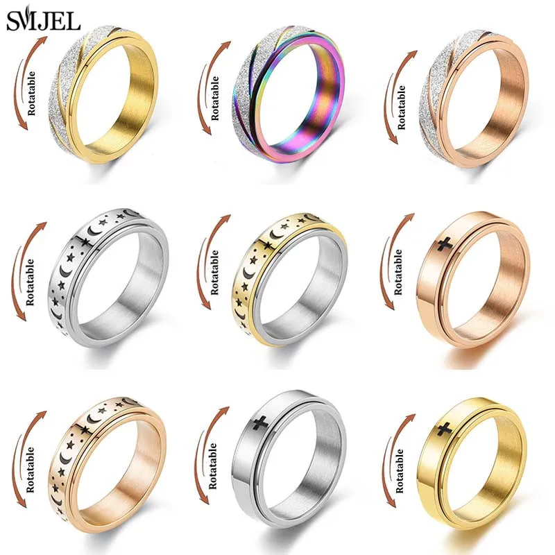 Rose Gold Stainless Steel Anxiety Ring Women Men Fidgets Spinner Rings Engagement Bands Silver Color Fashion Jewelry 8/6mm