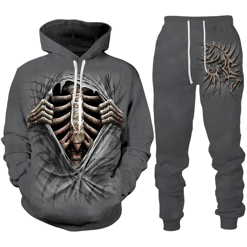 Conjunto de chándal con estampado 3D de calavera para hombre, Sudadera con capucha Punk gótica/traje, ropa de calle de Halloween