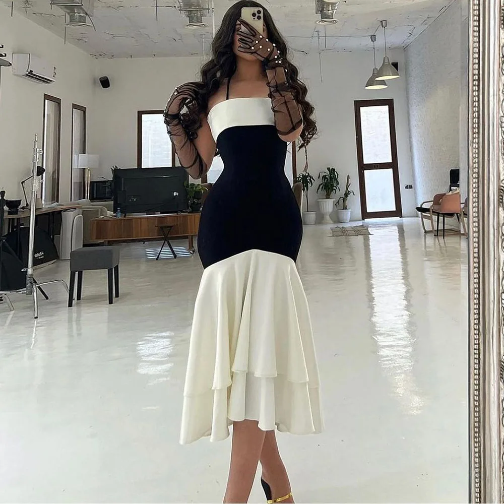 

Eeqasn Mermaid Saudi Arabia Midi Evening Dresses Black Ivory Satin African Formal Prom Dress Tierd Women Prom Party Gowns 2022